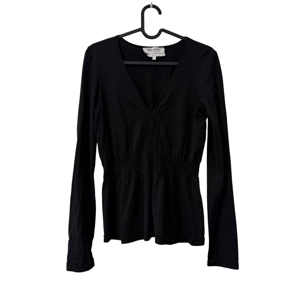 Yves Saint Laurent Black Pintucked Fit Flare Long Sleeve Top Womens Large